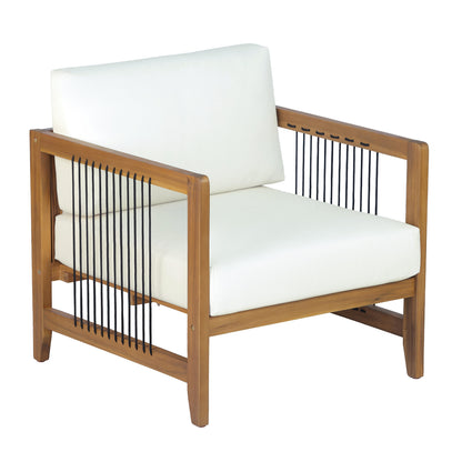 Acacia Wood Patio Sofa Set 4-Piece with white cushions and black cord accents on Tampa Home & Garden Store