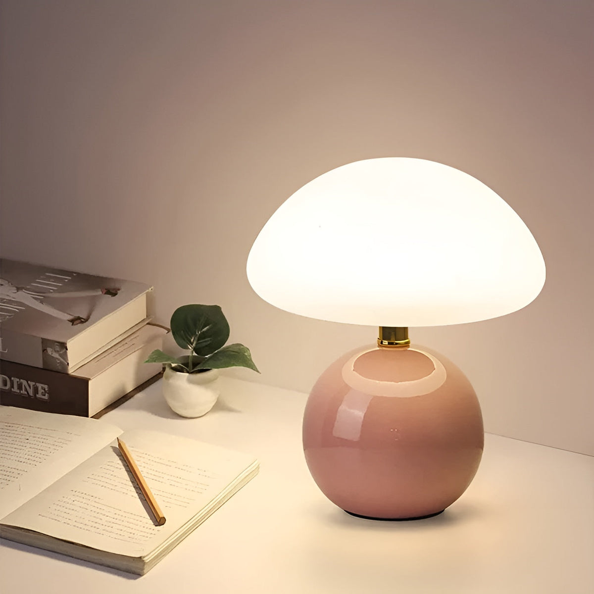 USB Mushroom Lamp by Moktan Sabai, pink ceramic base and white dome shade, ambient night light on Tampa Home & Garden Store