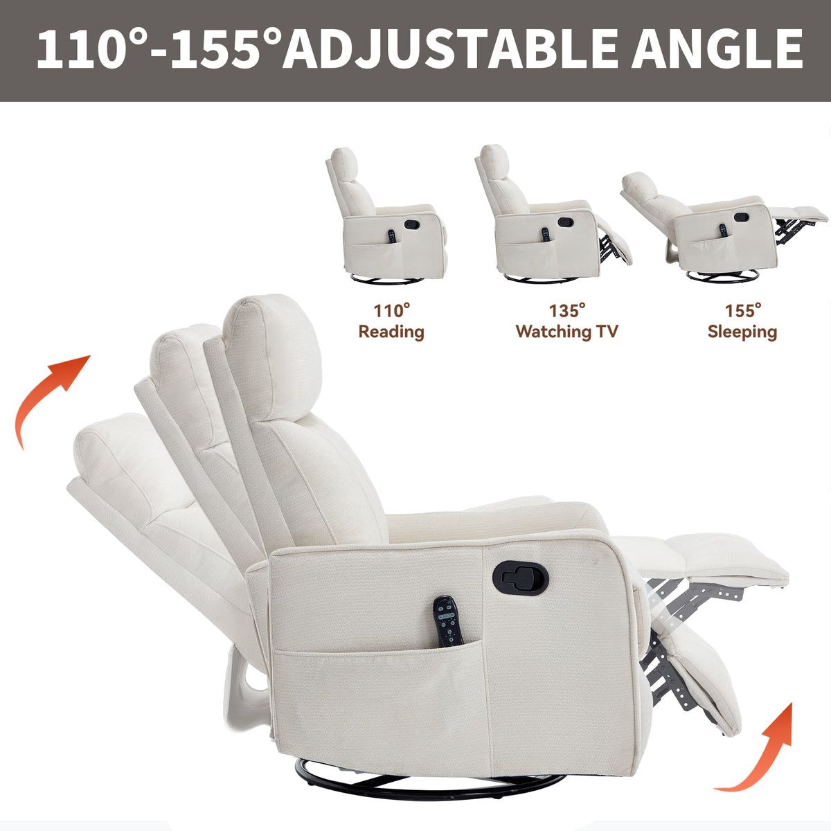 Beige heat massage manual recliner chairs with rocker and swivel; remote in pocket HouseOfZazla on Tampa Home & Garden Store