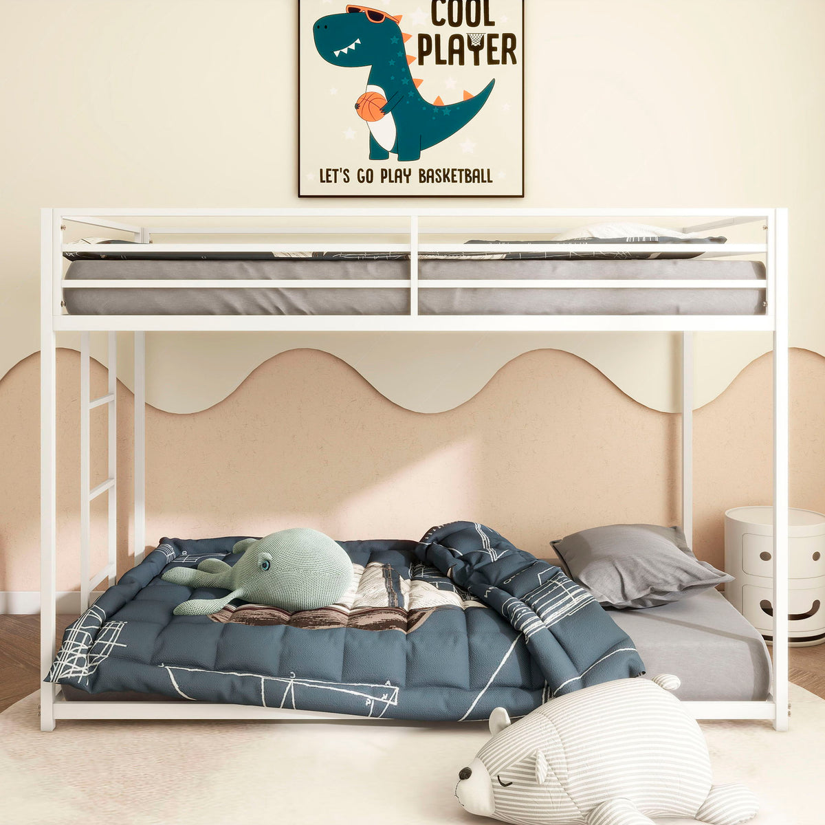Adam - Metal Bunk Bed, white frame with blue bedding and two bunks HouseOfZazla on Tampa Home & Garden Store