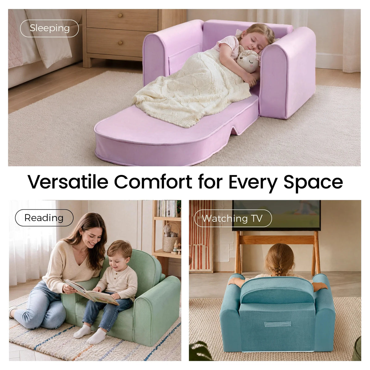 Tiny Land GentleSnug Kids Sofa Chair pastel lavender plush kid chair with sleeping child on Tampa Home & Garden Store