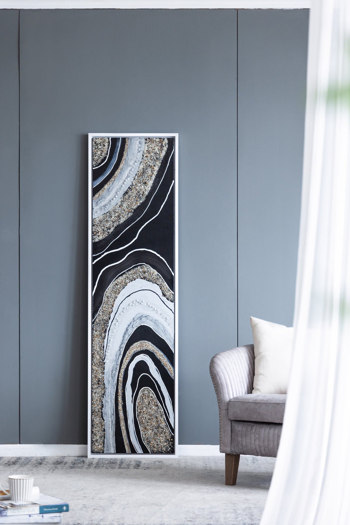 Elongated rectangle wall art with silver frame in multicolor geode design by HouseOfZazla on Tampa Home & Garden Store