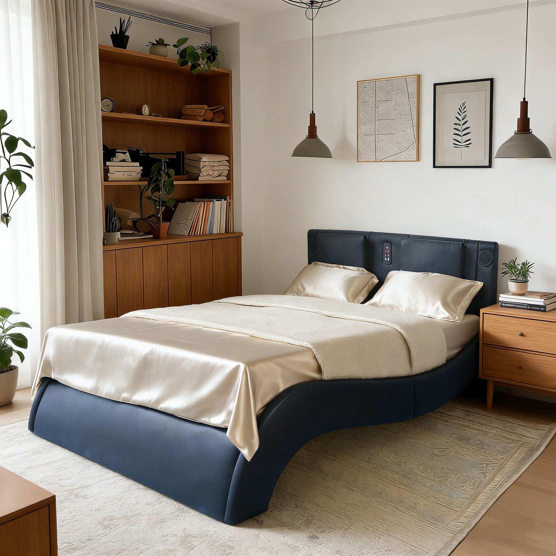 Platform bed frame with blue upholstered headboard and beige satin bedding in a modern bedroom on Tampa Home & Garden Store