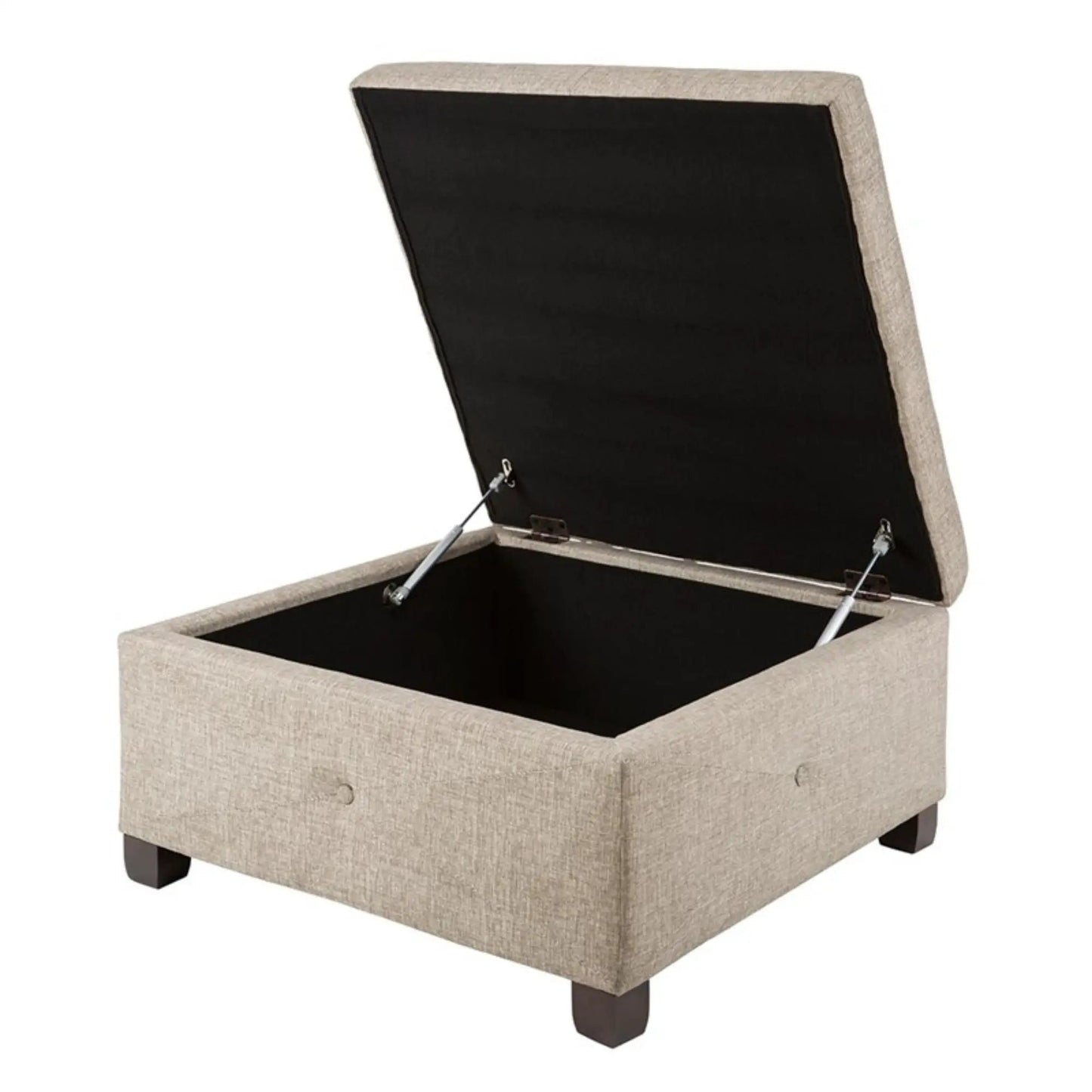 Aspen storage ottoman beige fabric with soft-close lid open to reveal black interior on Tampa Home & Garden Store