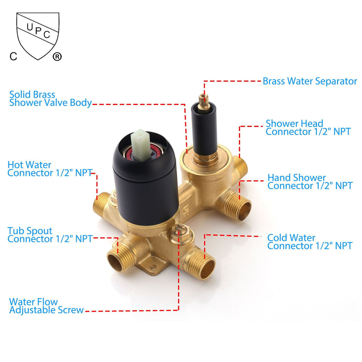 Wall Mount Shower System valve with solid brass body and black knob 1/2 in NPT connectors on Tampa Home & Garden Store