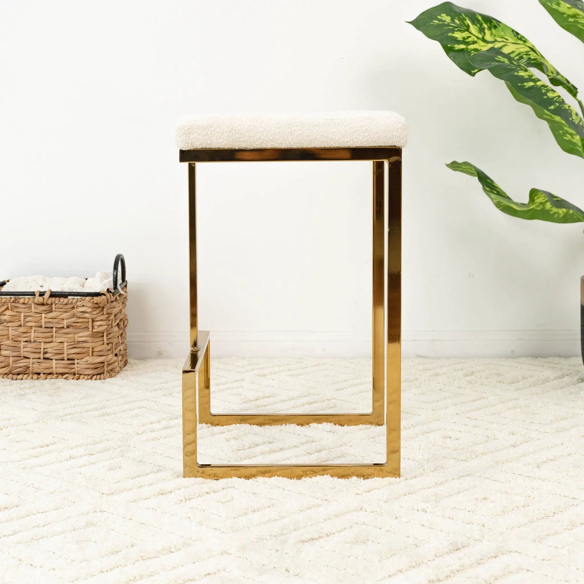 Joel mid-century modern counter-height stool with beige fabric seat and brass frame on Tampa Home & Garden Store