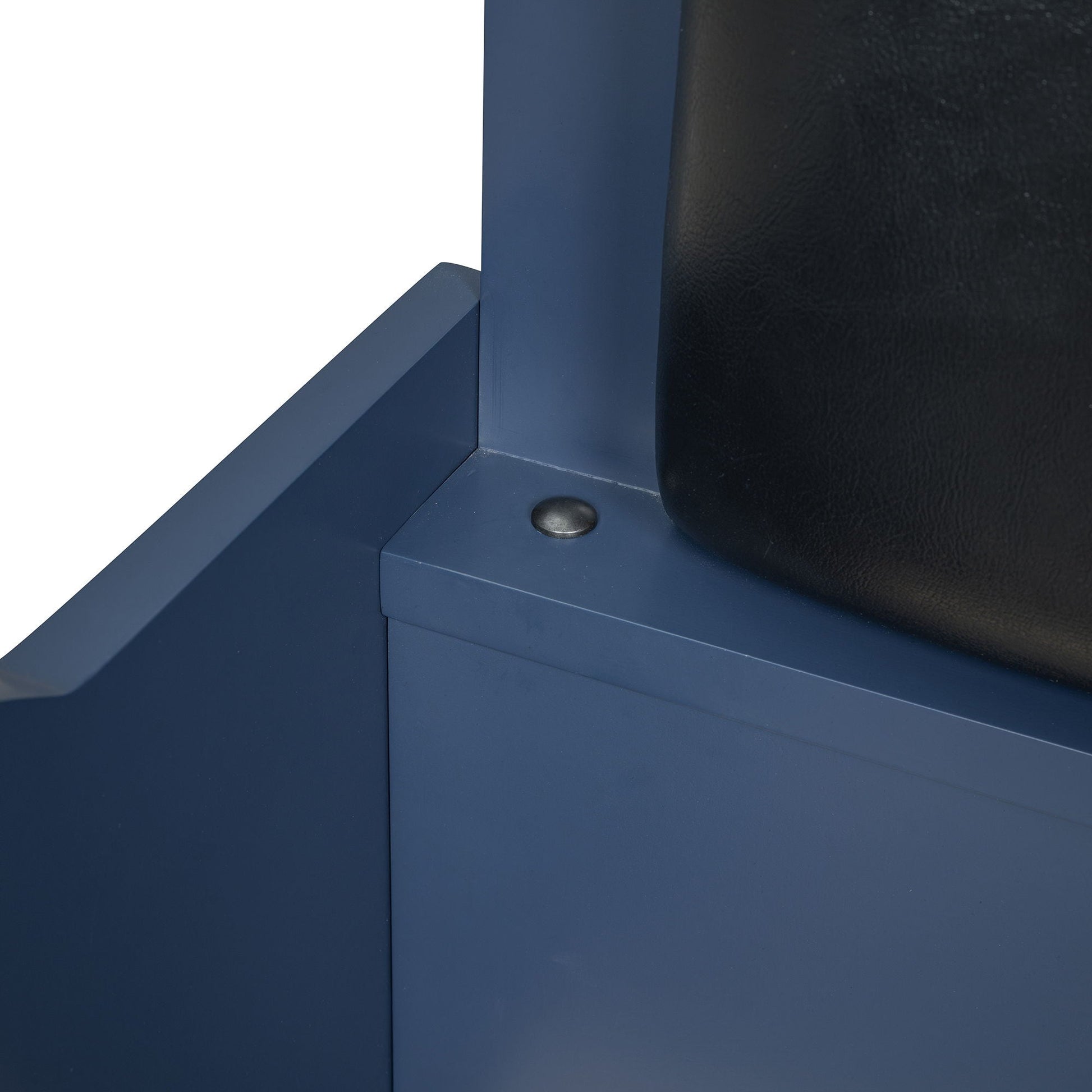 Race car bed frame in blue metal with black upholstered backrest corner detail on Tampa Home & Garden Store