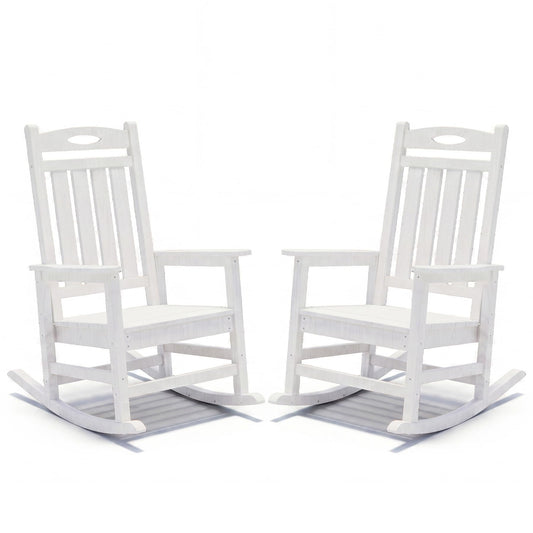 Outdoor Rocking Chair Set of 2, white wooden, with oval back cutouts for patio seating on Tampa Home & Garden Store