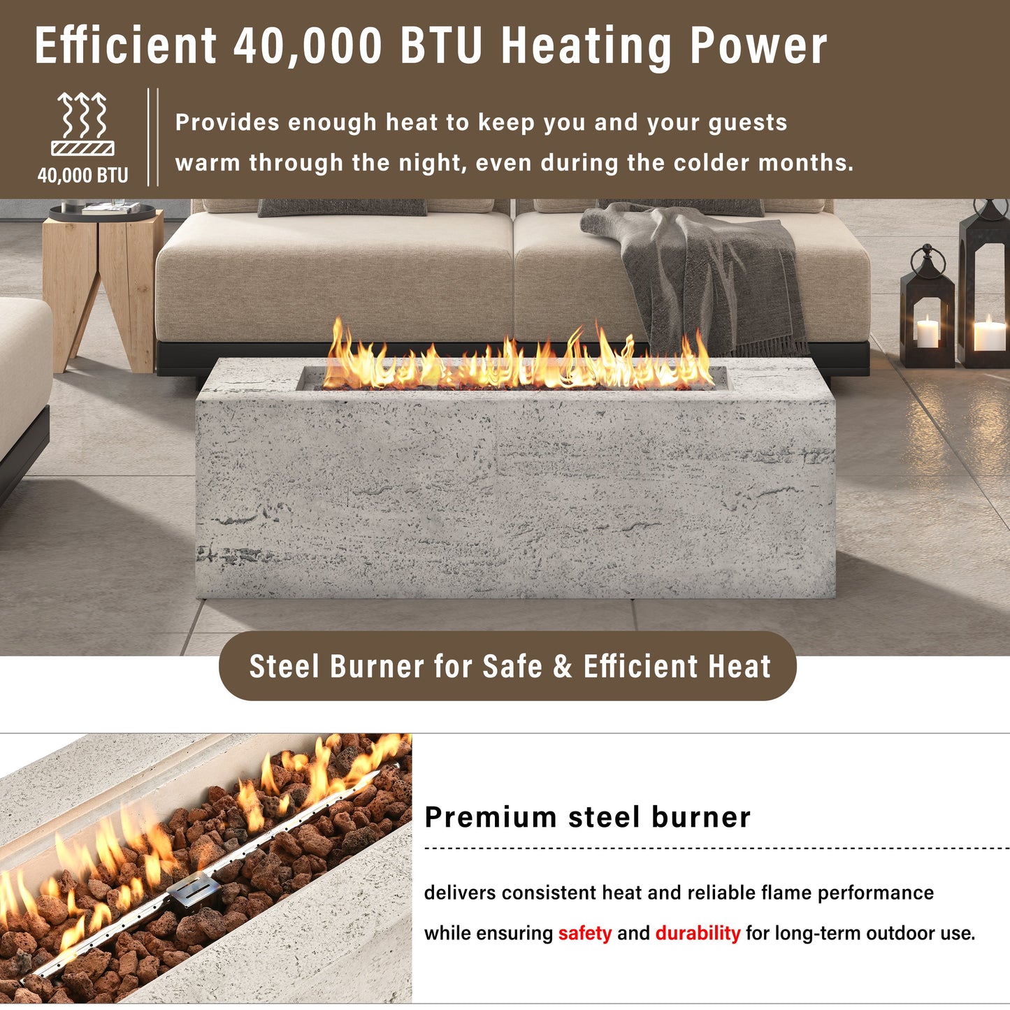 Outdoor Rectangular Propane Fire Pit for Patios