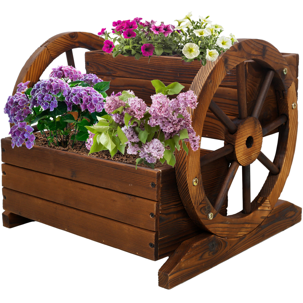 Wooden Wagon Planter Box with Wheels filled with pink purple white flowers HouseOfZazla on Tampa Home & Garden Store