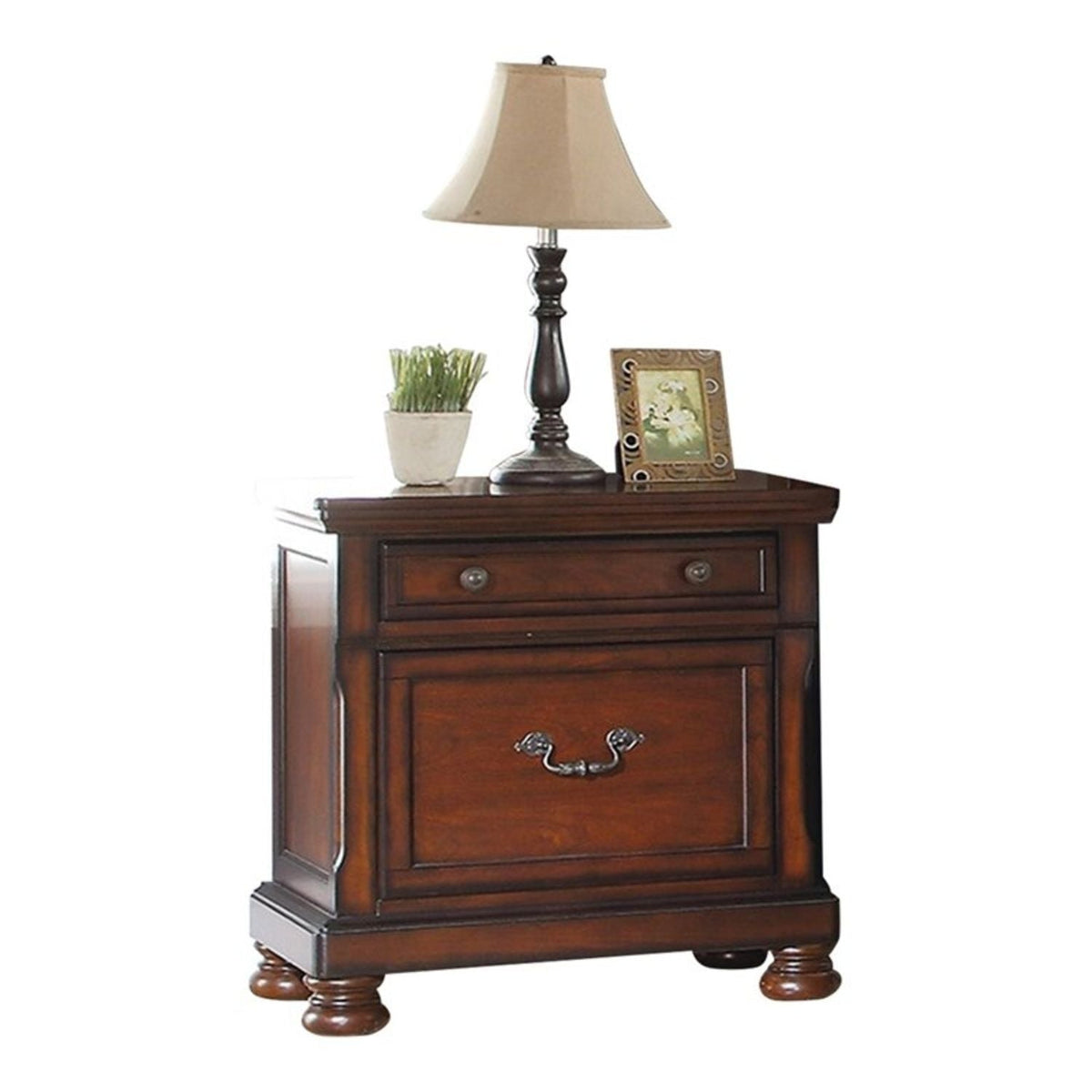 Bedside nightstand dark wood with two drawers and metal pulls by HouseOfZazla on Tampa Home & Garden Store
