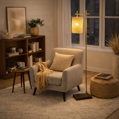 Brizo tall corner floor lamp gold with shade HouseOfZazla on Tampa Home & Garden Store
