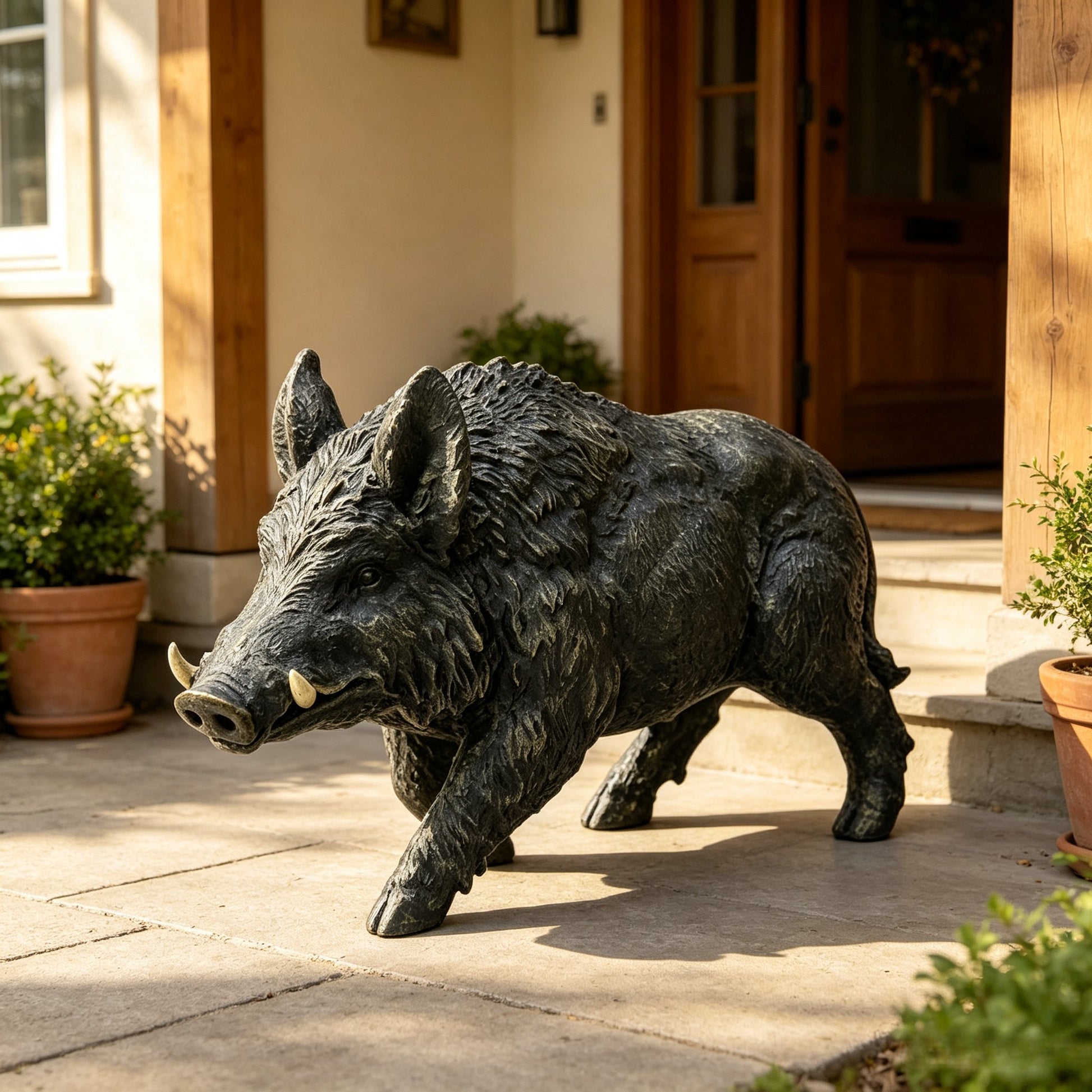 Simulated Wild Boar Resin Garden Statue with rugged coat and pale tusks HouseOfZazla on Tampa Home & Garden Store