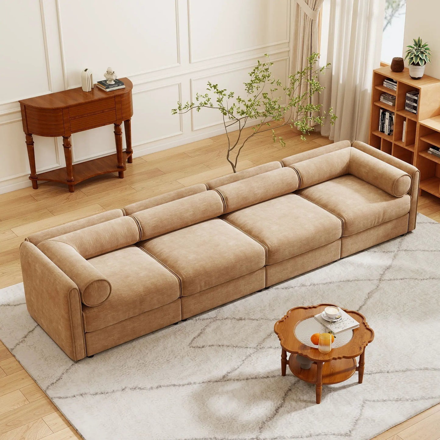 Beige fabric upholstered stationary sofa with storage seat and cylindrical backrest on Tampa Home & Garden Store