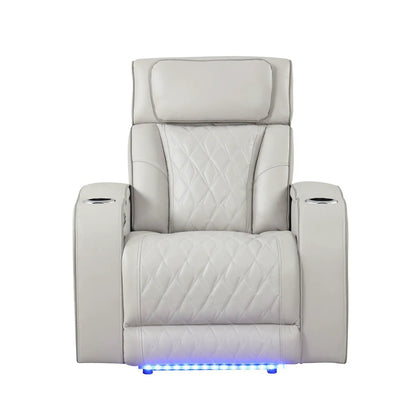 Fortuner power reclining chair in light gray quilted faux leather with cupholders on Tampa Home & Garden Store