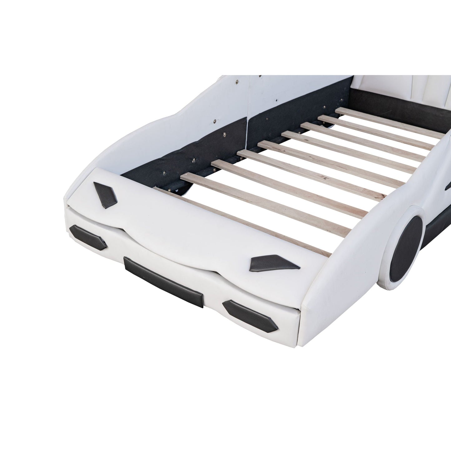 Race car shaped twin platform bed, white pine wood construction with slats on Tampa Home & Garden Store