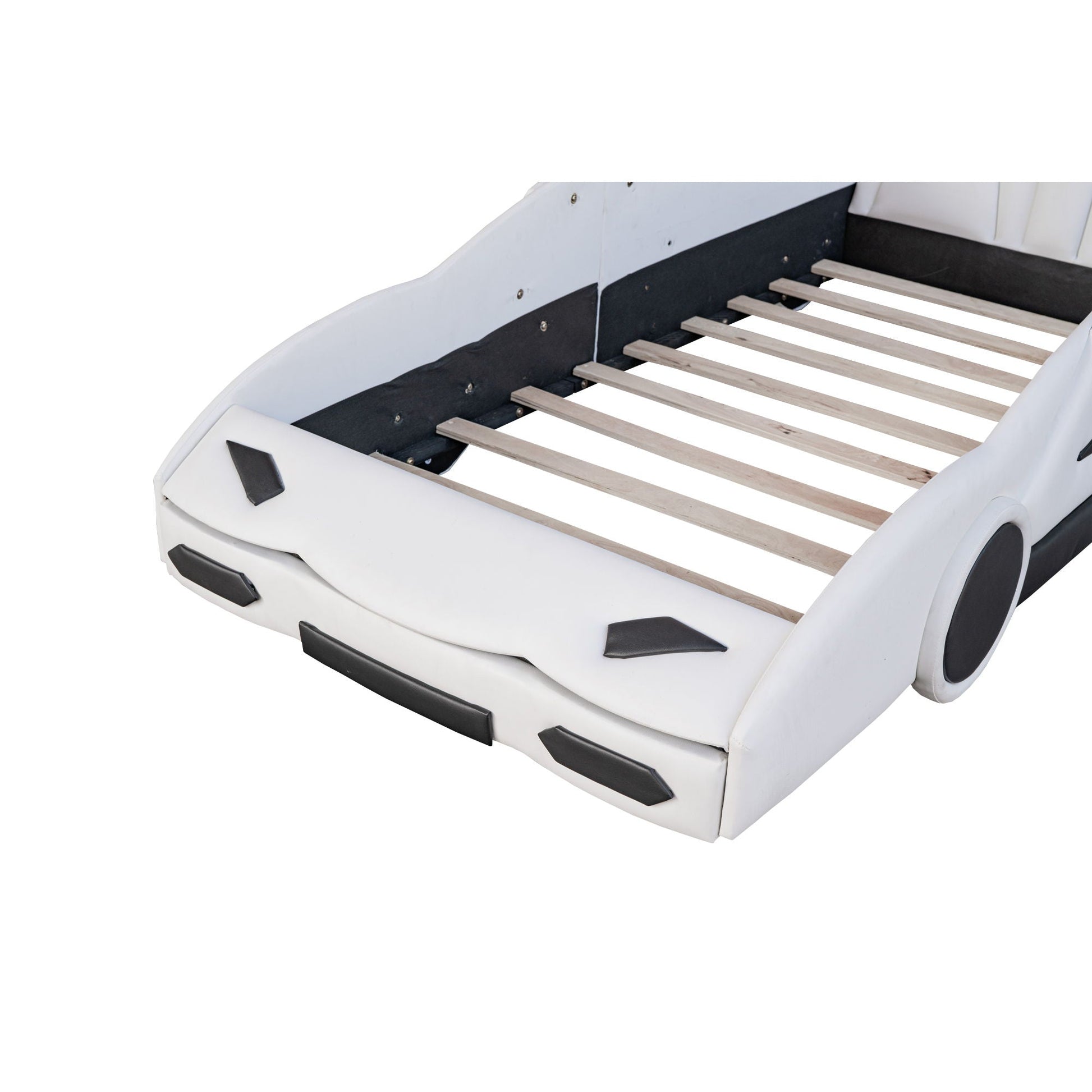 Race car shaped twin platform bed, white pine wood construction with slats on Tampa Home & Garden Store