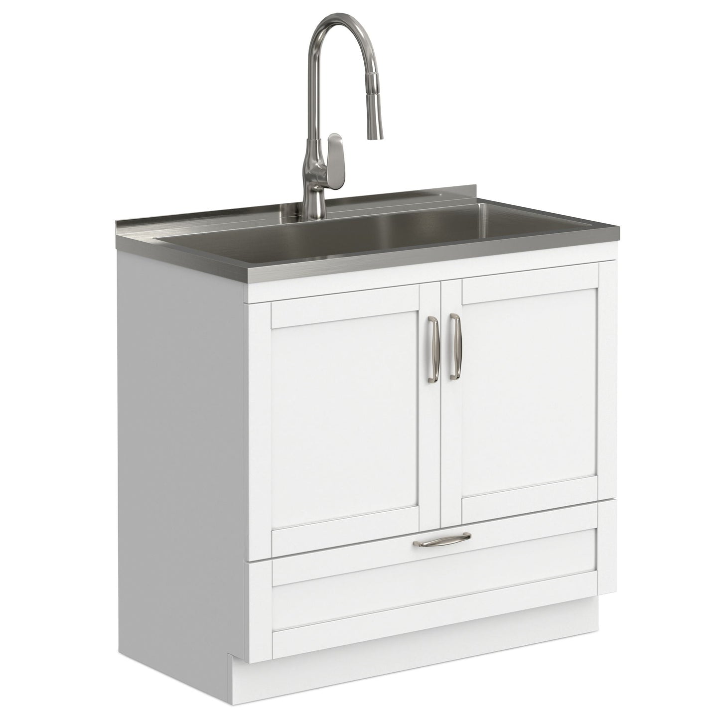 Reed Deluxe Laundry Cabinet with Pull-Out Faucet, white vanity with stainless top on Tampa Home & Garden Store