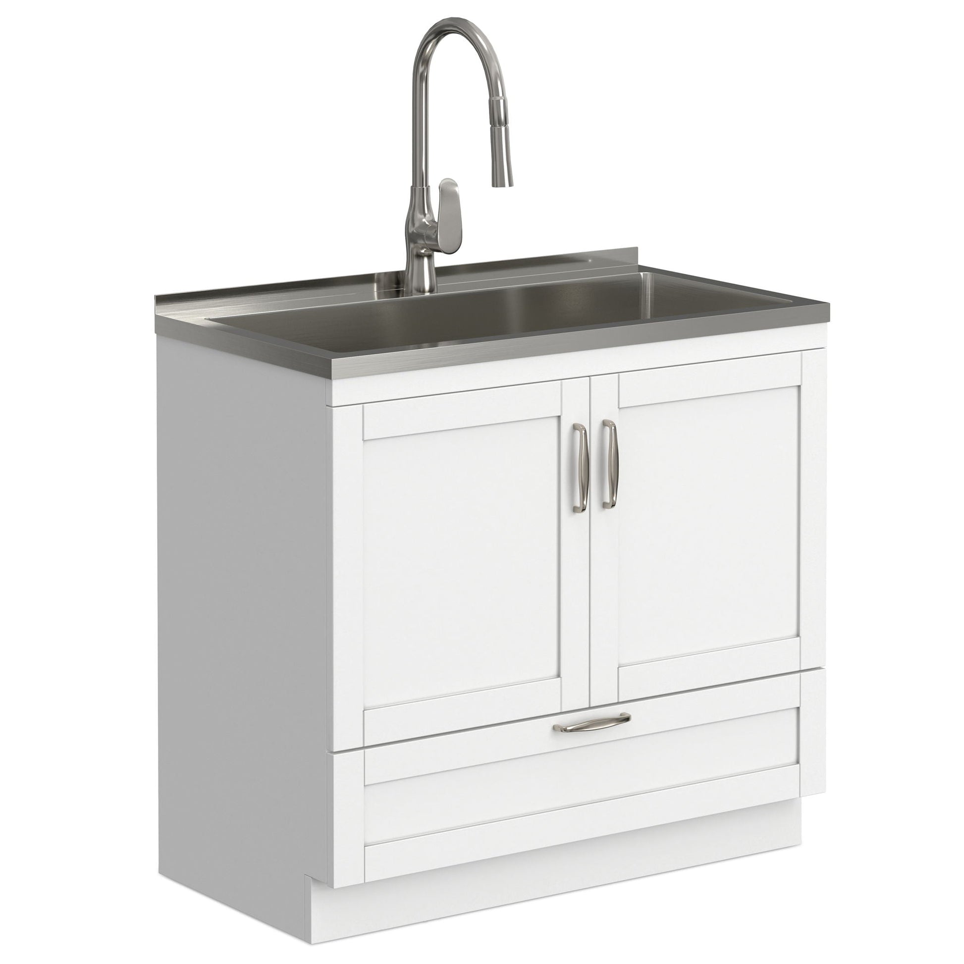Reed Deluxe Laundry Cabinet with Pull-Out Faucet, white vanity with stainless top on Tampa Home & Garden Store