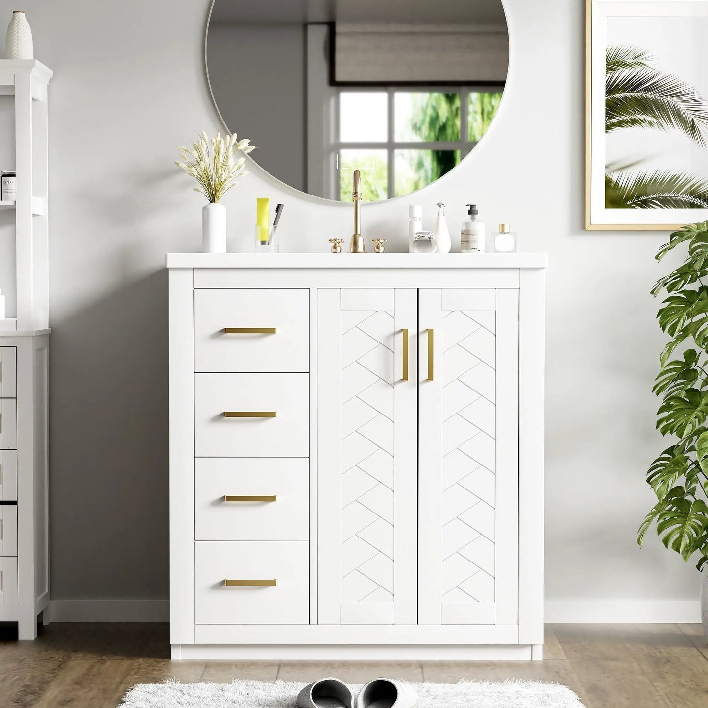 White sink vanity by Unique Piece Furniture with 3 drawers, soft-close doors, gold hardware on Tampa Home & Garden Store