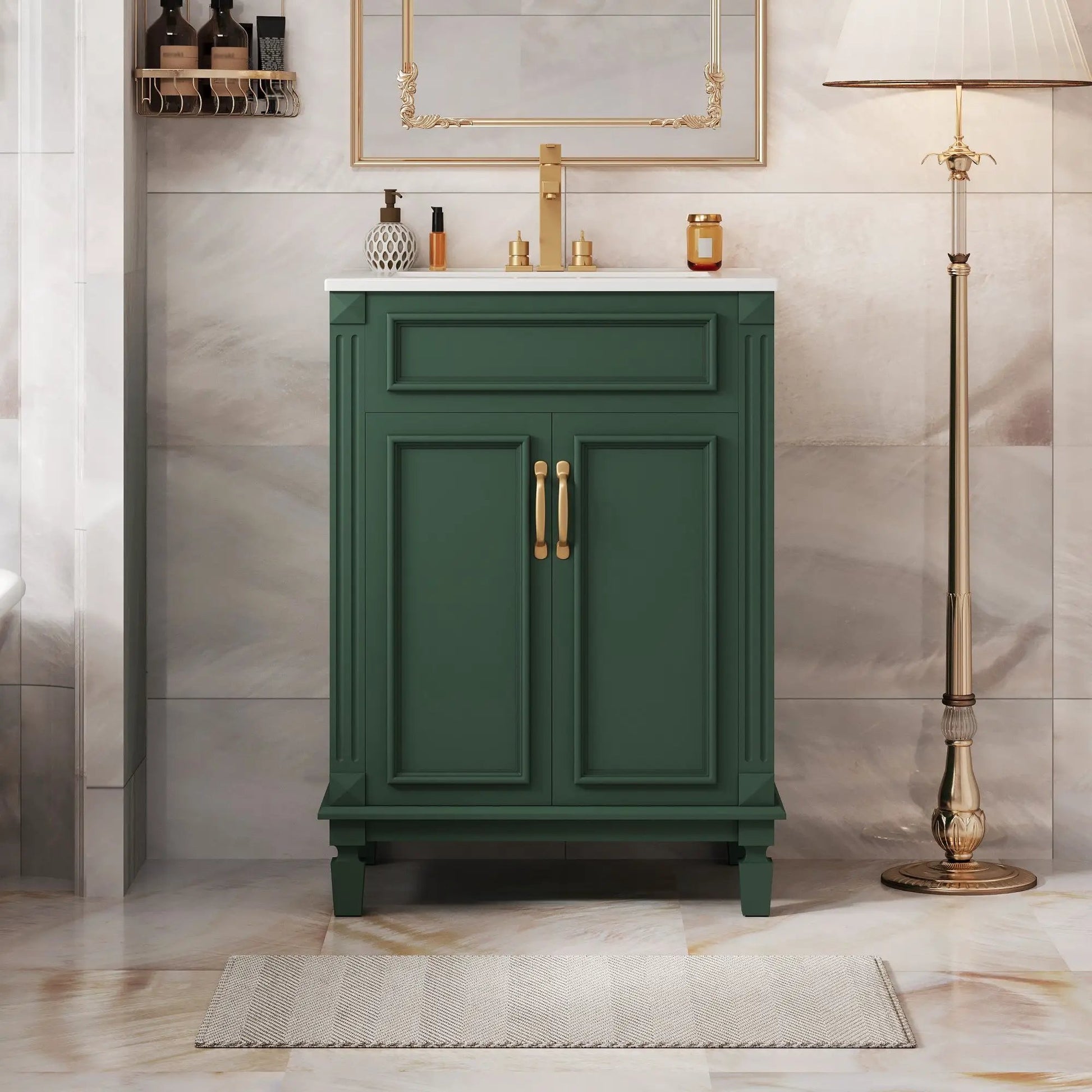 Green bathroom vanity with white countertop and gold hardware, two soft-closing doors on Tampa Home & Garden Store