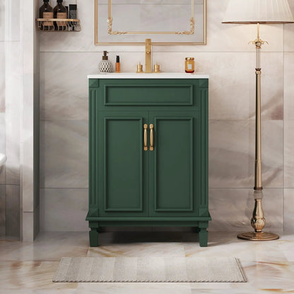 Green bathroom vanity with white countertop and gold hardware, two soft-closing doors on Tampa Home & Garden Store