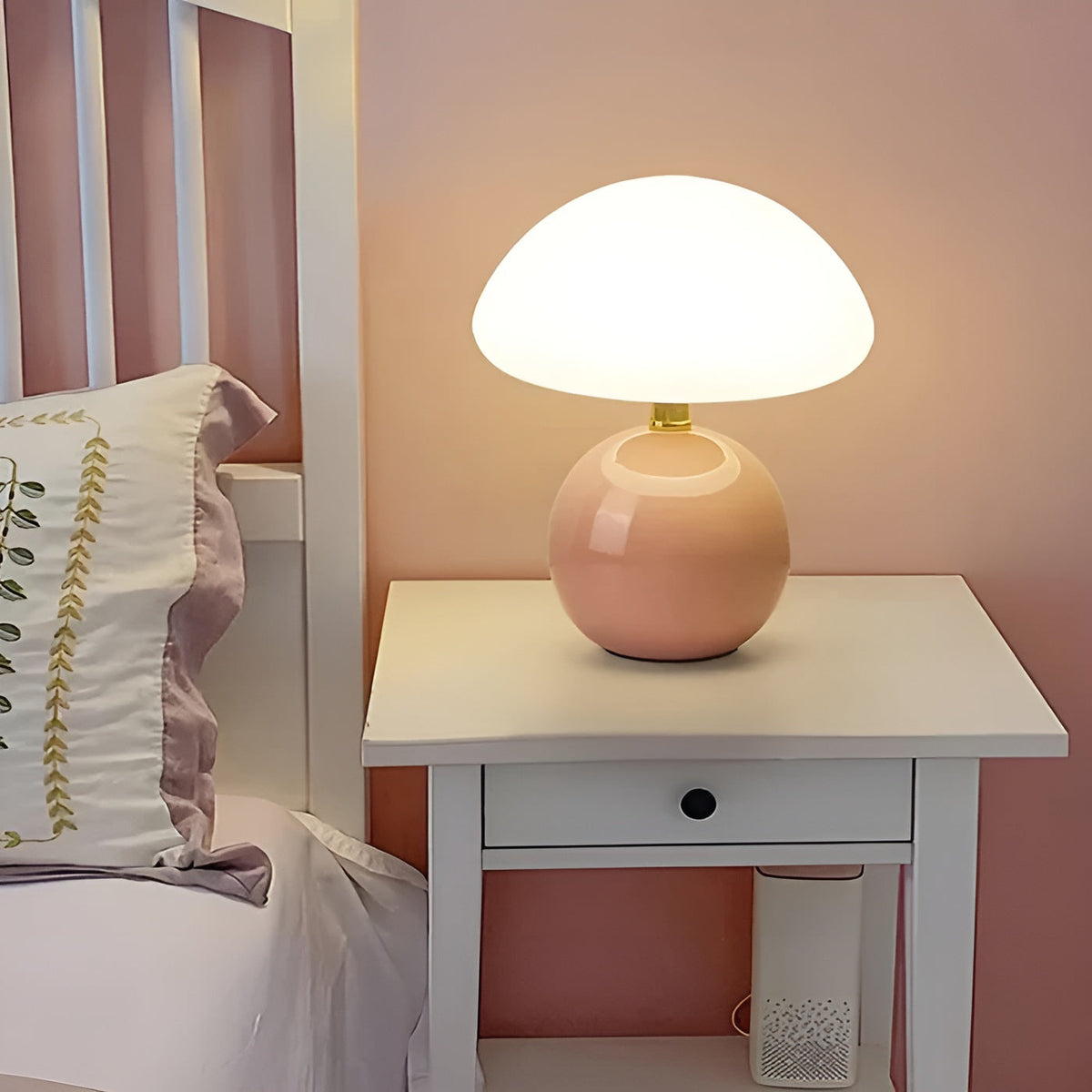 USB Mushroom Lamp by Moktan Sabai; pink ceramic base with white mushroom shade on Tampa Home & Garden Store