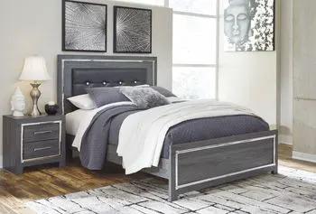 Lodonna Bedroom Set bed with gray upholstered headboard and two nightstands on Tampa Home & Garden Store