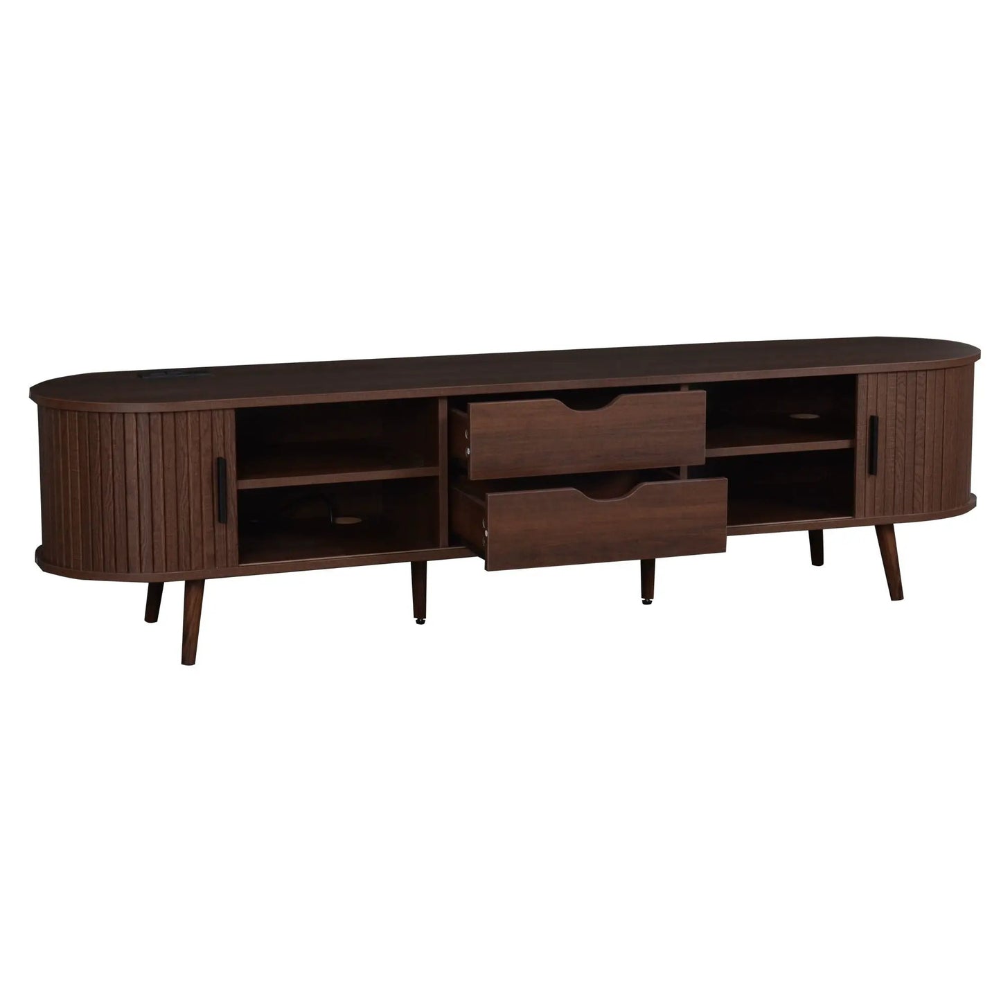 Dark brown wood TV stand for 70 in TV with tambour doors and drawers built-in outlet Unique Piece on Tampa Home & Garden Store