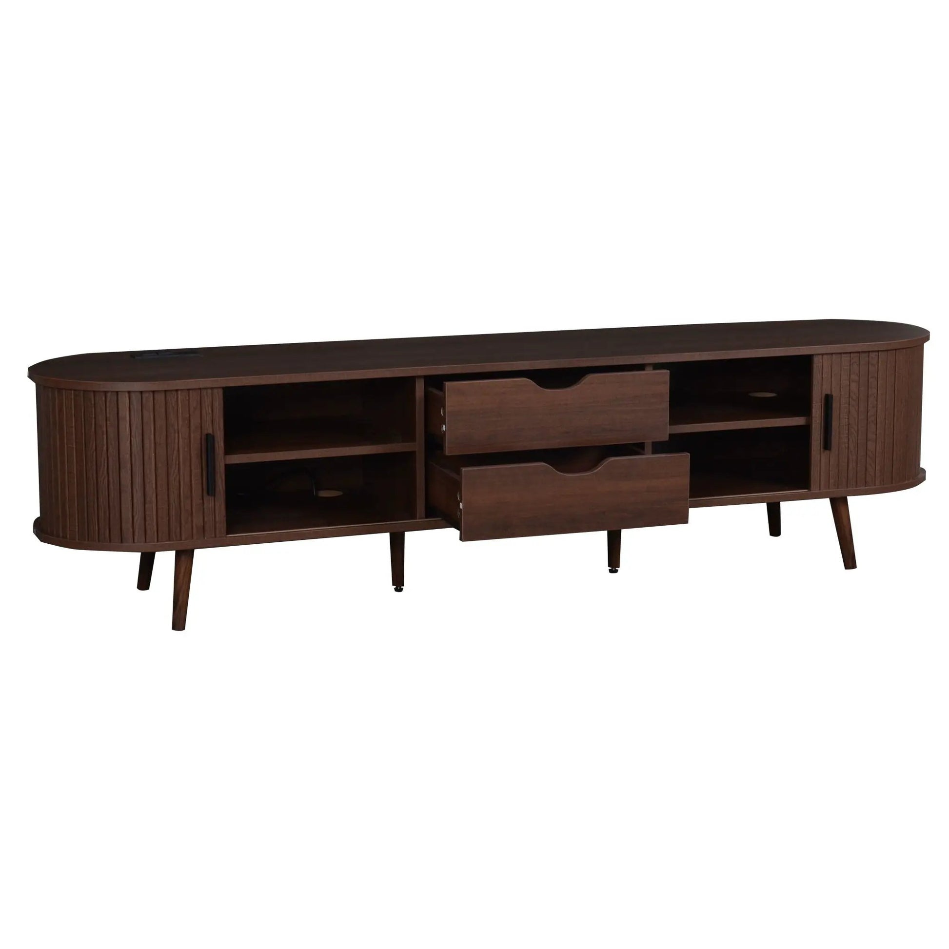 Dark brown wood TV stand for 70 in TV with tambour doors and drawers built-in outlet Unique Piece on Tampa Home & Garden Store
