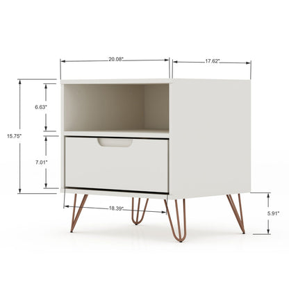 Rockefeller nightstand with 1 drawer, open shelf, white finish, copper-toned splayed legs on Tampa Home & Garden Store