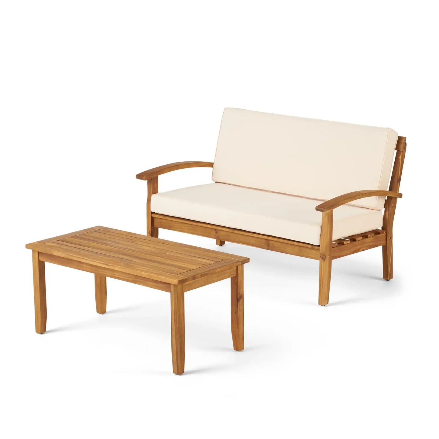 Outdoor chat set with coffee table and loveseat, wooden frame, beige cushions, 2-piece HouseOfZazla set on Tampa Home & Garden Store