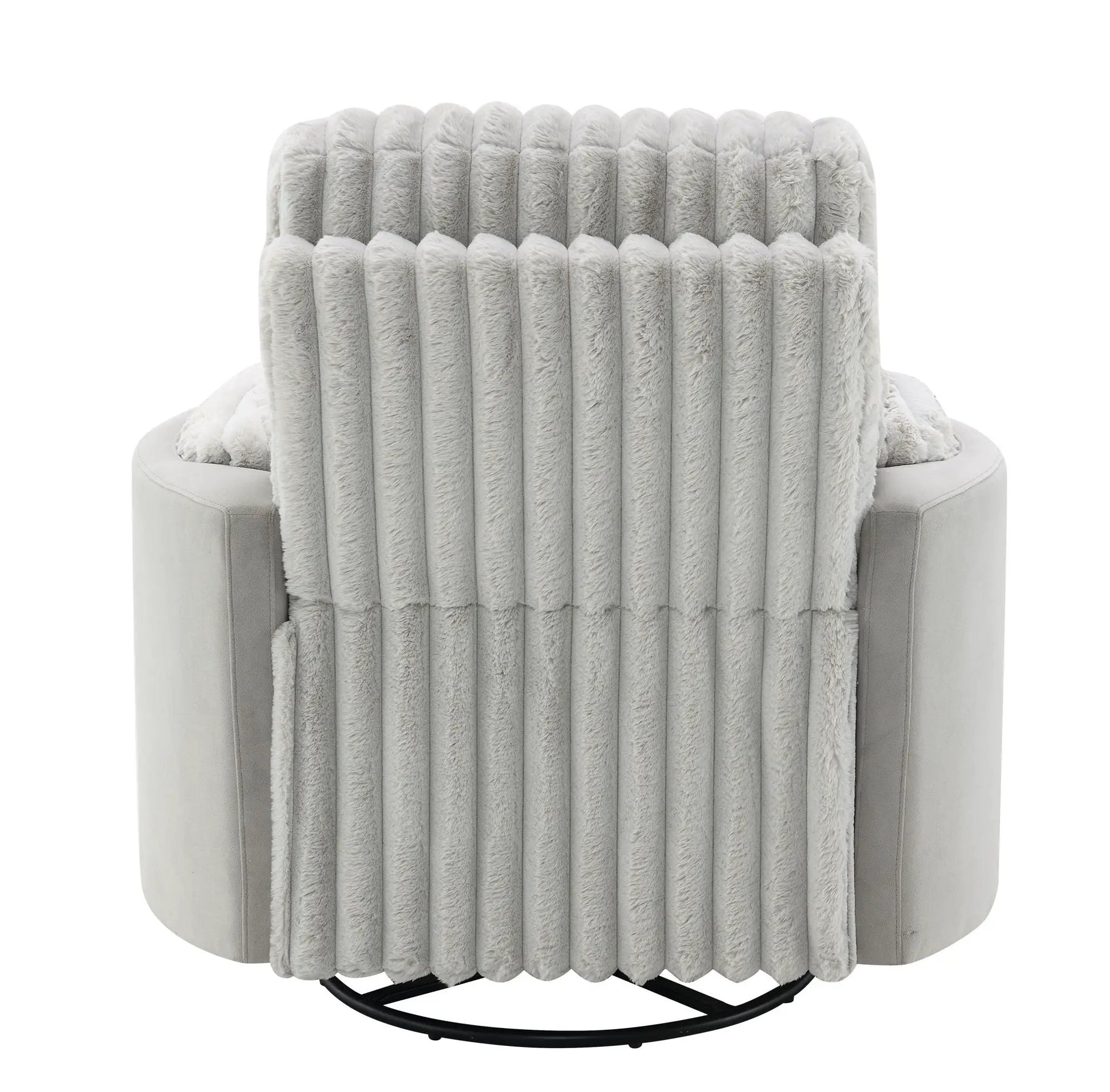 Corduroy gray swivel glider recliner with vertical channel cushions and round metal base on Tampa Home & Garden Store