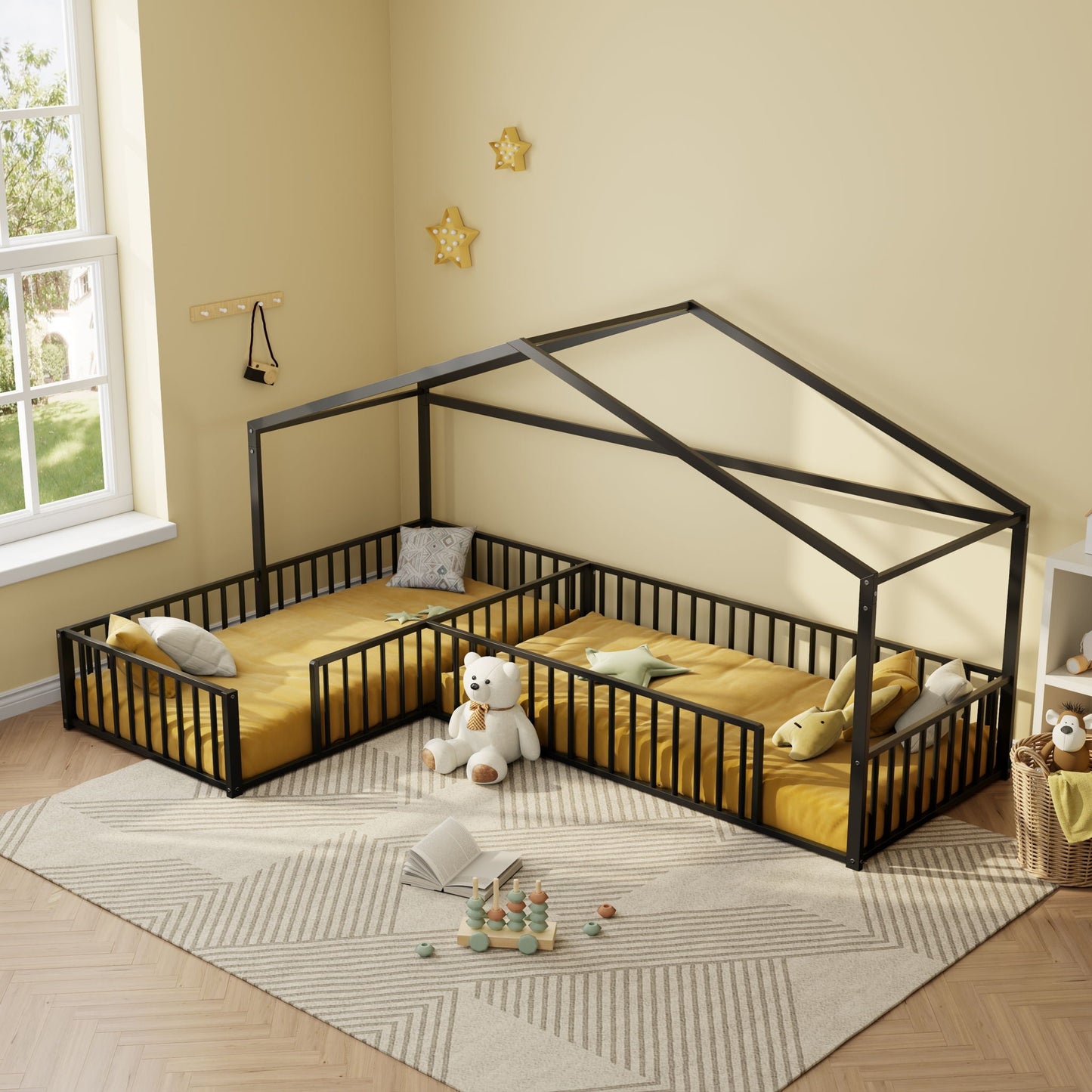 L-Shaped Montessori Bed for 2 Kids, black metal frame with partitioned fence by HouseOfZazla on Tampa Home & Garden Store