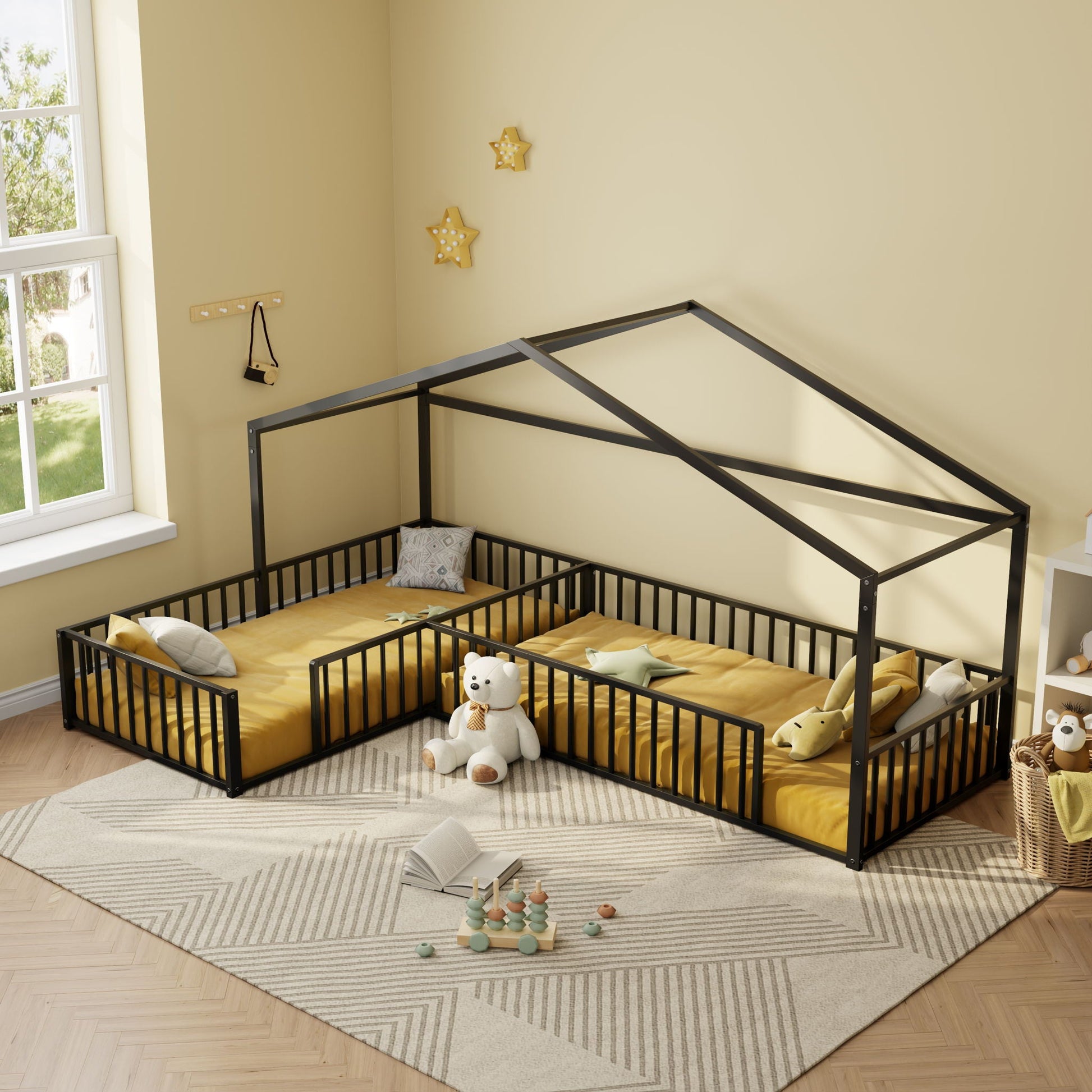 L-Shaped Montessori Bed for 2 Kids, black metal frame with partitioned fence by HouseOfZazla on Tampa Home & Garden Store