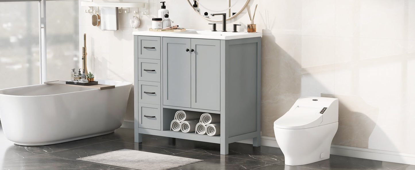 36in bathroom vanity with sink top by HouseOfZazla, grey cabinet with storage and rolled towels on Tampa Home & Garden Store