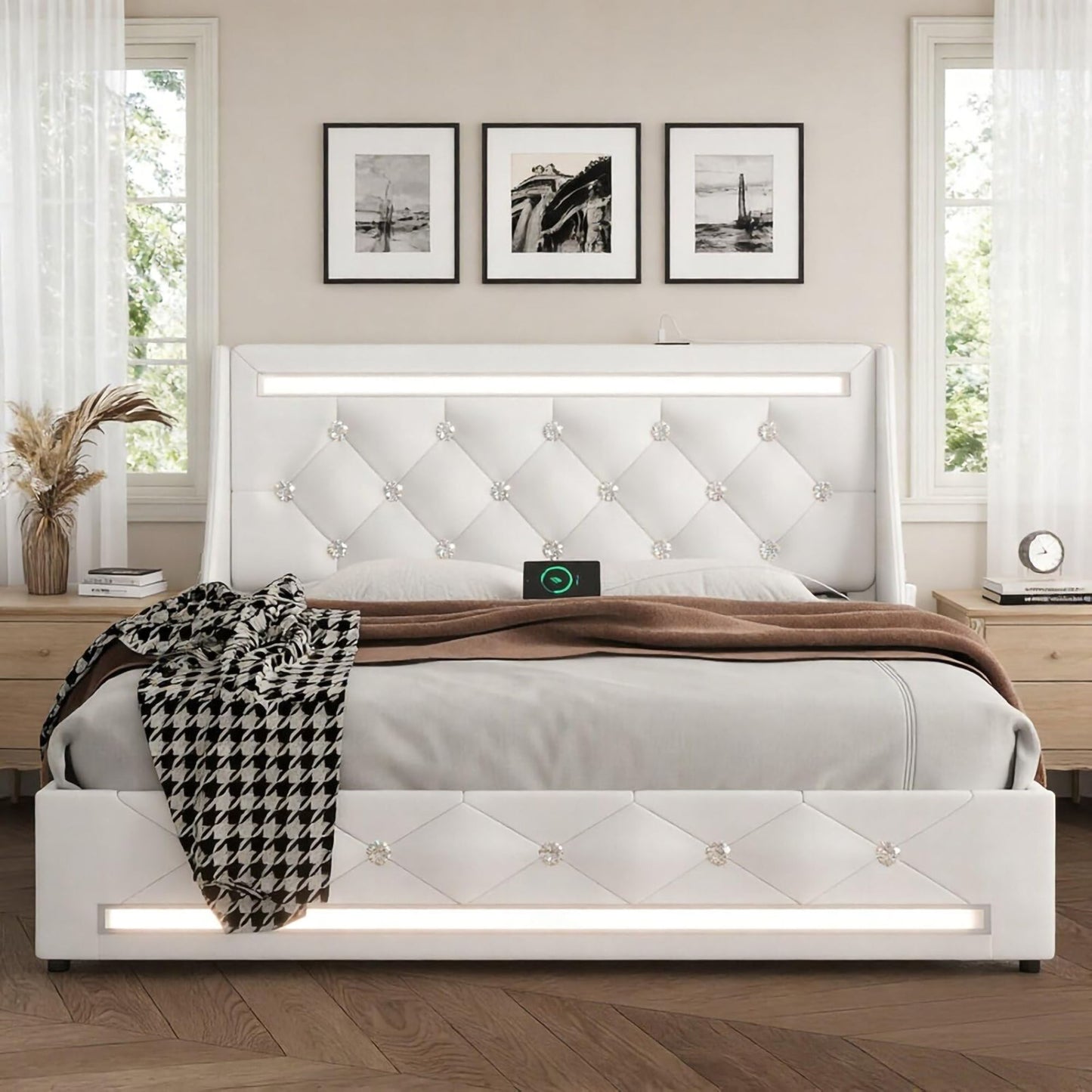 Wingback Upholstered Bed Frame Led and Usb