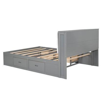 Platform bed with storage headboard and 4 drawers, gray finish, wood slat base, shoe rack on Tampa Home & Garden Store