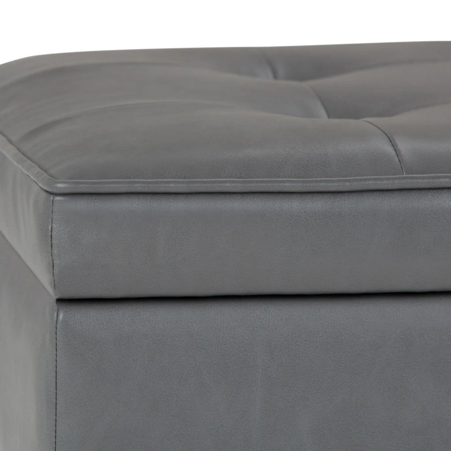 Cosmopolitan storage ottoman bench gray leather, tufted lid, open-bottom design on Tampa Home & Garden Store