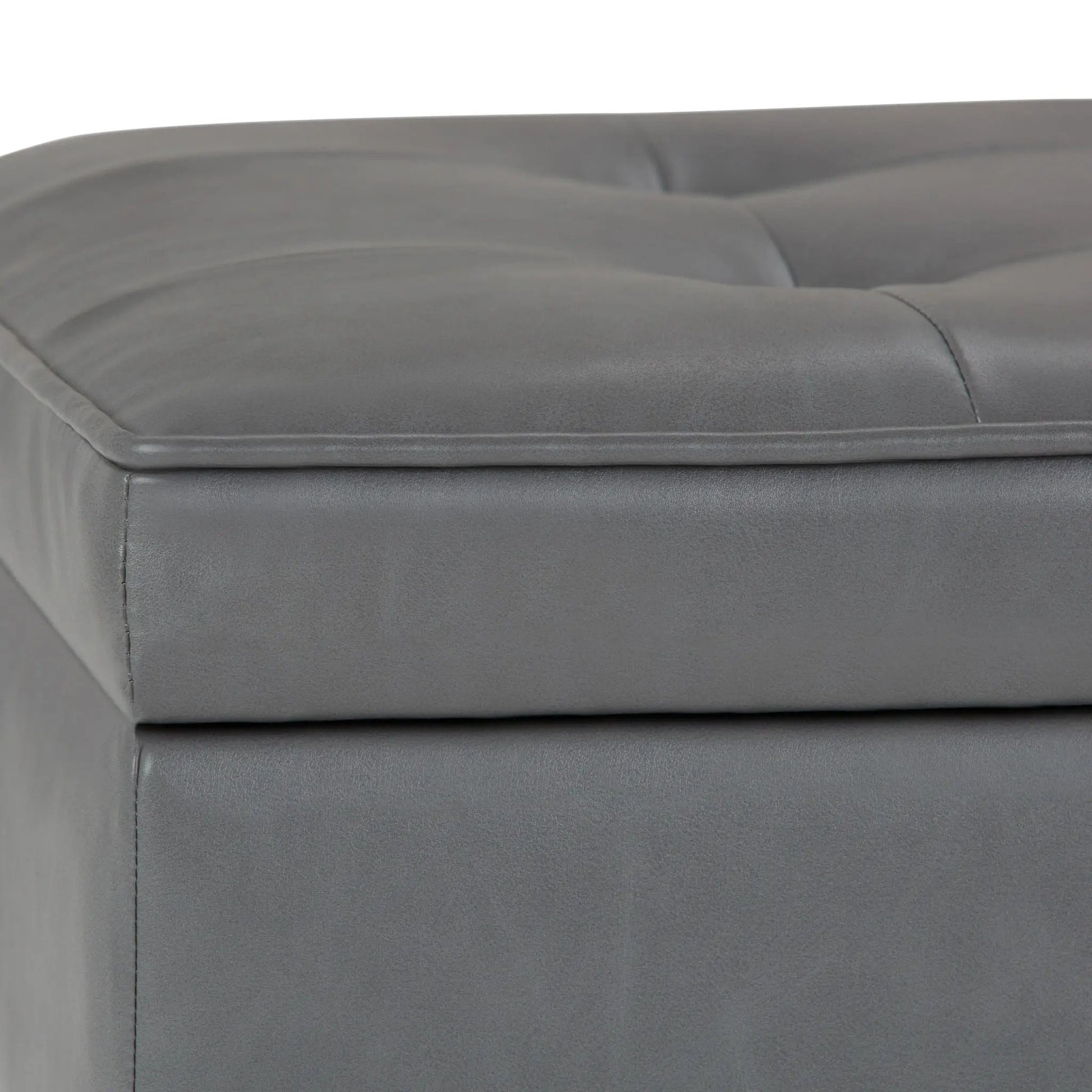 Cosmopolitan storage ottoman bench gray leather, tufted lid, open-bottom design on Tampa Home & Garden Store