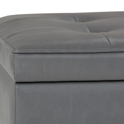 Cosmopolitan storage ottoman bench gray leather, tufted lid, open-bottom design on Tampa Home & Garden Store