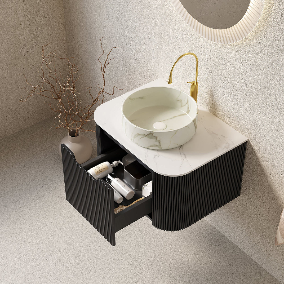 Dina 24 Inch Floating Bathroom Vanity And Sink;black ribbed cabinet with white marble countertop on Tampa Home & Garden Store