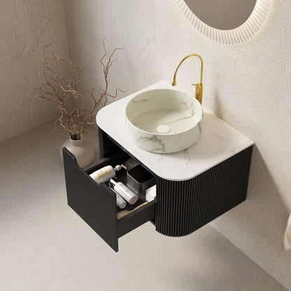Dina 24 Inch Floating Bathroom Vanity And Sink;black ribbed cabinet with white marble countertop on Tampa Home & Garden Store