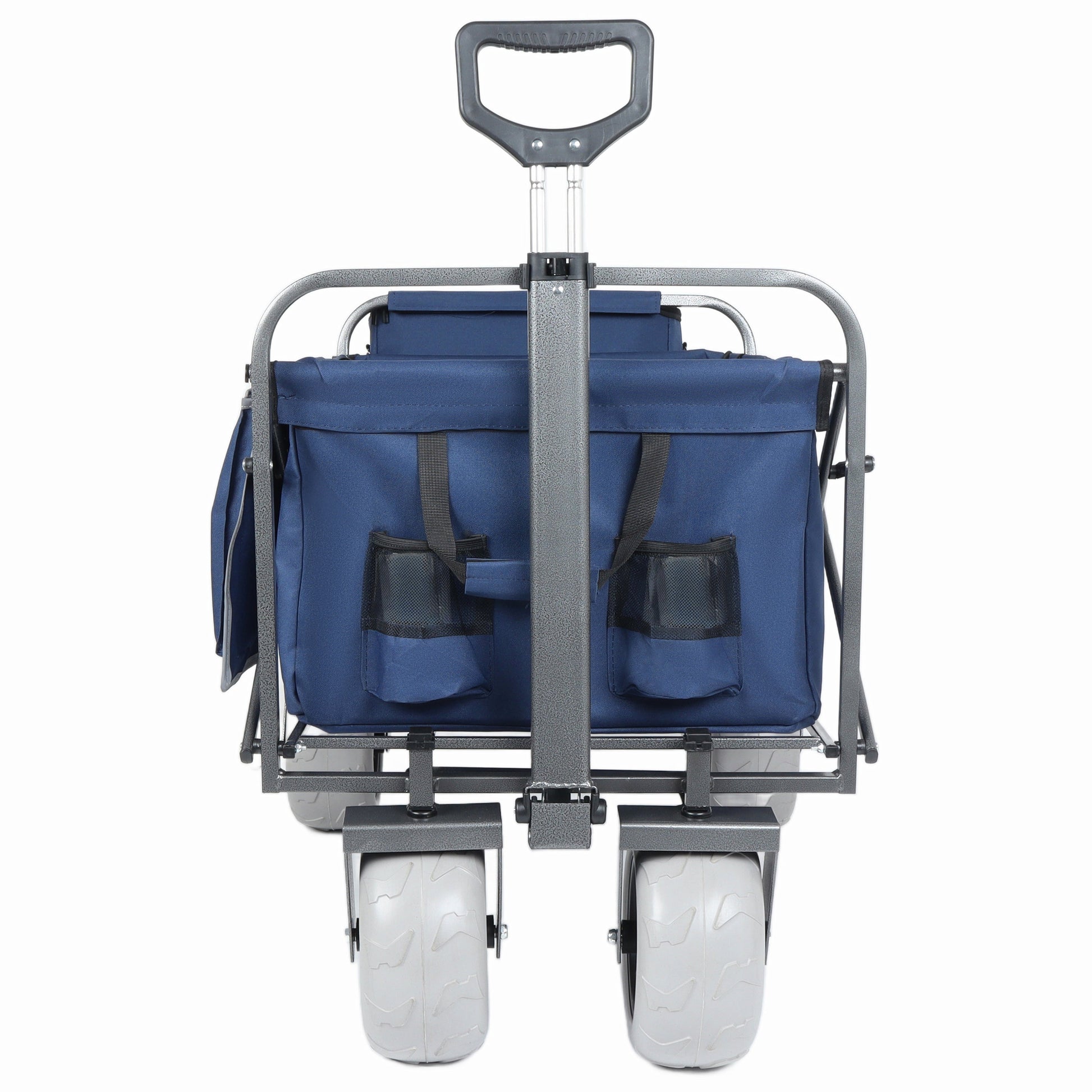 Beach wagon with blue cargo bag, grey metal frame, and large sand wheels; 500lb capacity on Tampa Home & Garden Store