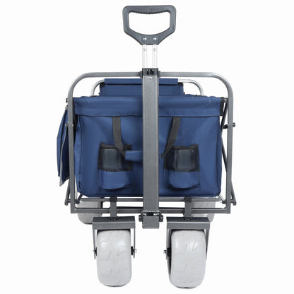 Beach wagon with blue cargo bag, grey metal frame, and large sand wheels; 500lb capacity on Tampa Home & Garden Store