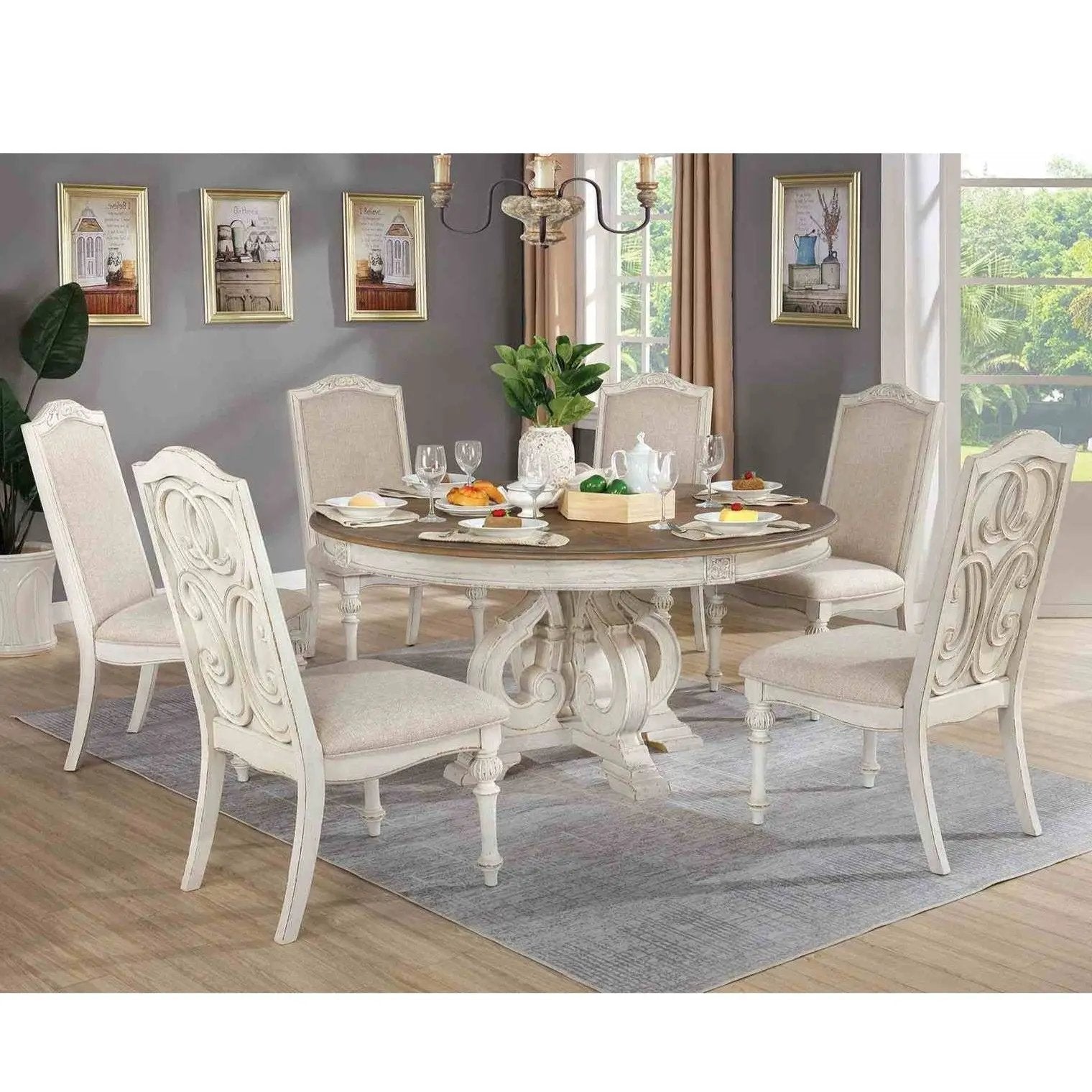 Elegant 7-piece dining set, round carved white table with six cream upholstered chairs on Tampa Home & Garden Store