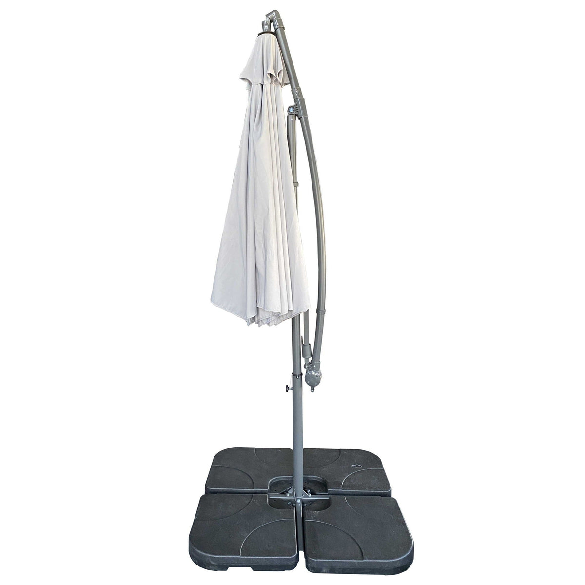 Cantilever patio umbrella 10 ft gray with crank and tilt, HouseOfZazla folded over base on Tampa Home & Garden Store