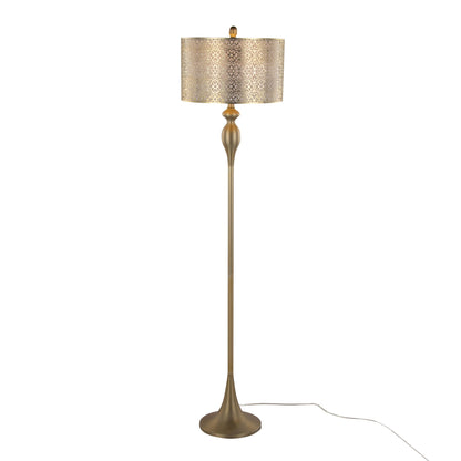 Ashland contemporary laser-cut floor lamp with gold patterned drum shade and brass stem on Tampa Home & Garden Store