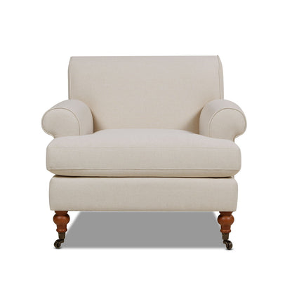 Accent Arm Chair with Casters in beige fabric, rolled arms, solid hardwood frame on Tampa Home & Garden Store