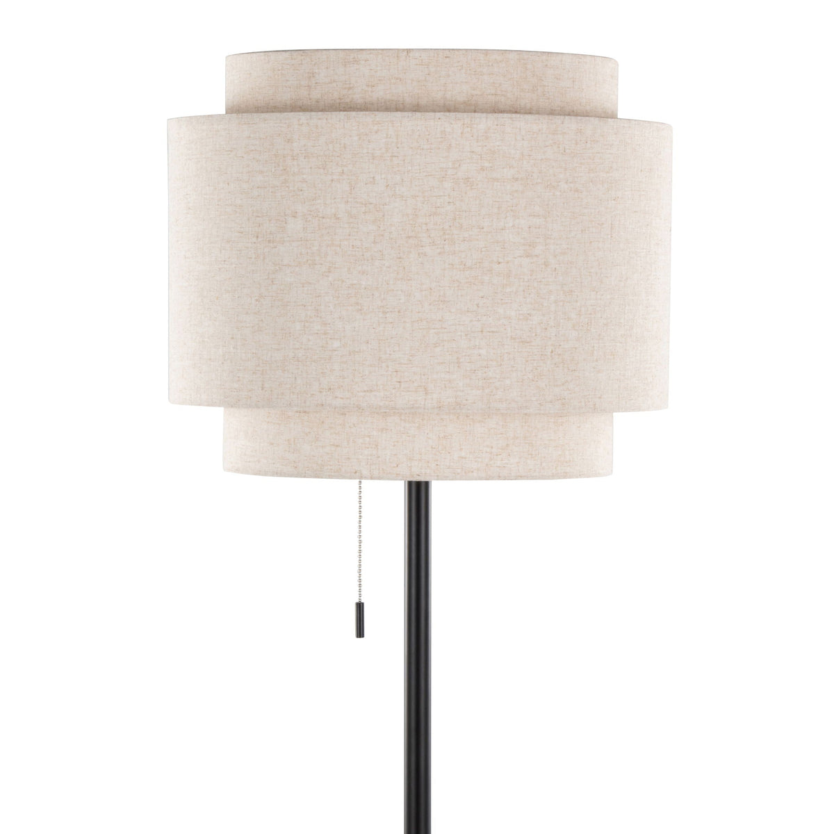 Tier Contemporary Floor Lamp with two beige linen drum shades on a black metal pole on Tampa Home & Garden Store